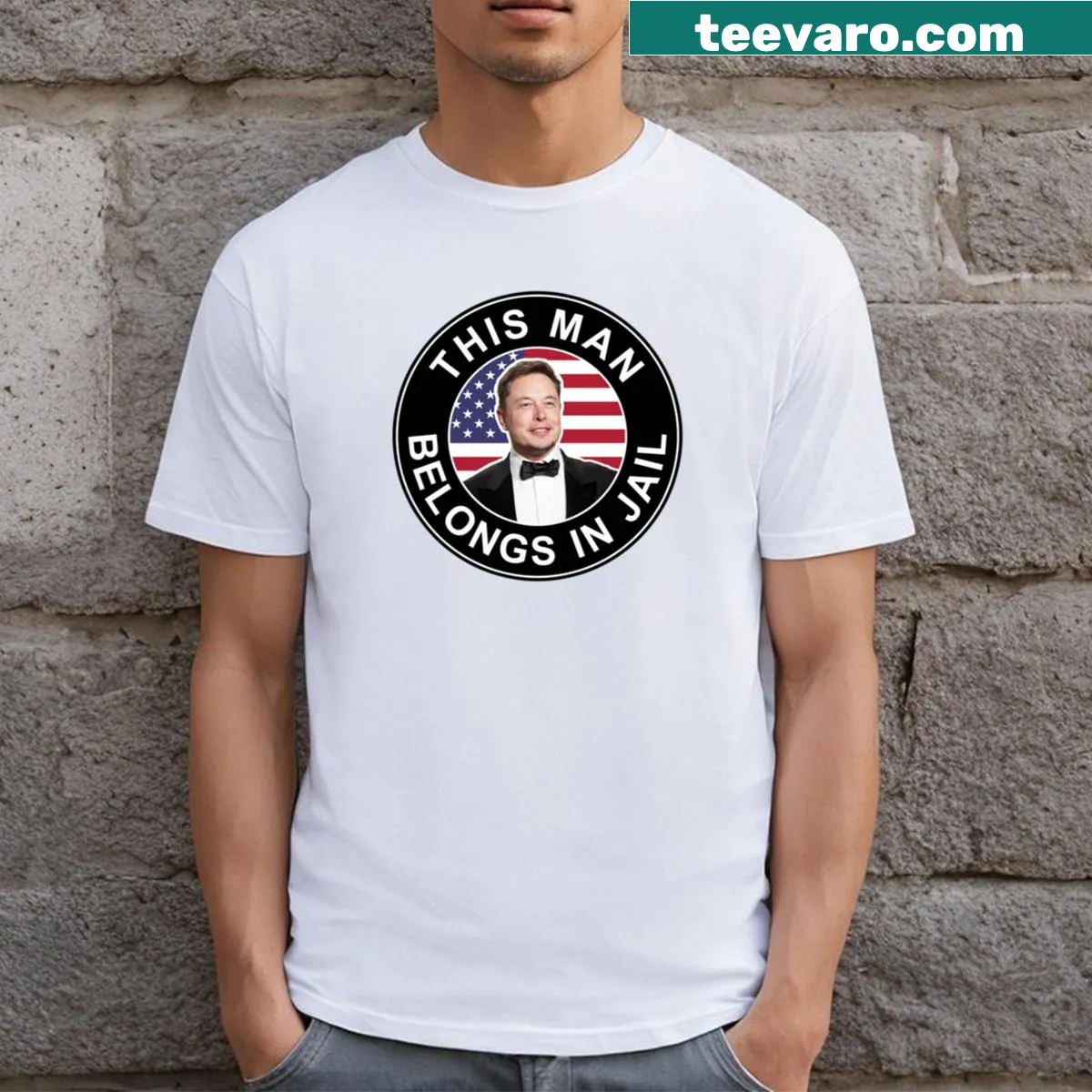 Provocative t-shirt stating that Elon Musk belongs in jail — on a men's t-shirt