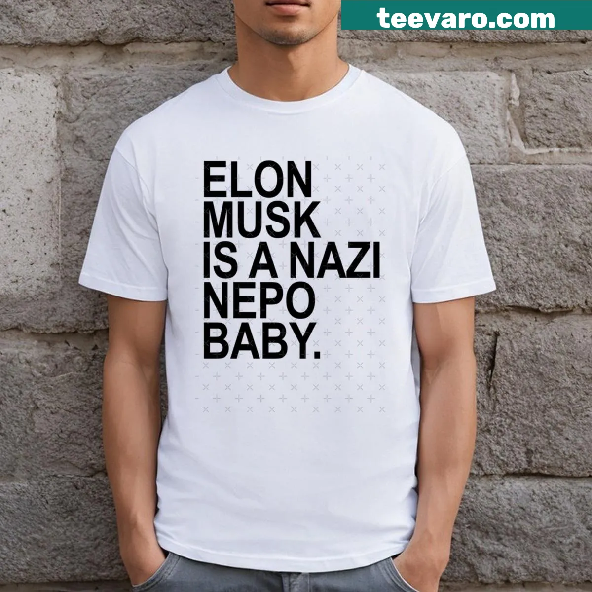 Edgy typography design confronting social issues about Elon Musk — on a men's t-shirt