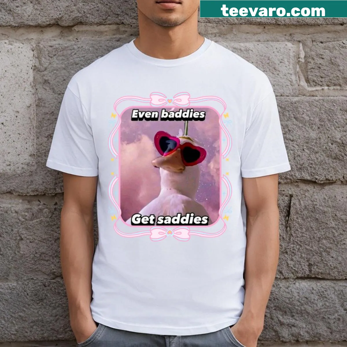 Cute cartoon duck with pink bows and funny text on a t-shirt — on a men's t-shirt