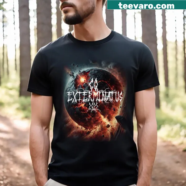 Bold typography t-shirt with 'Exterminatus 2025' text