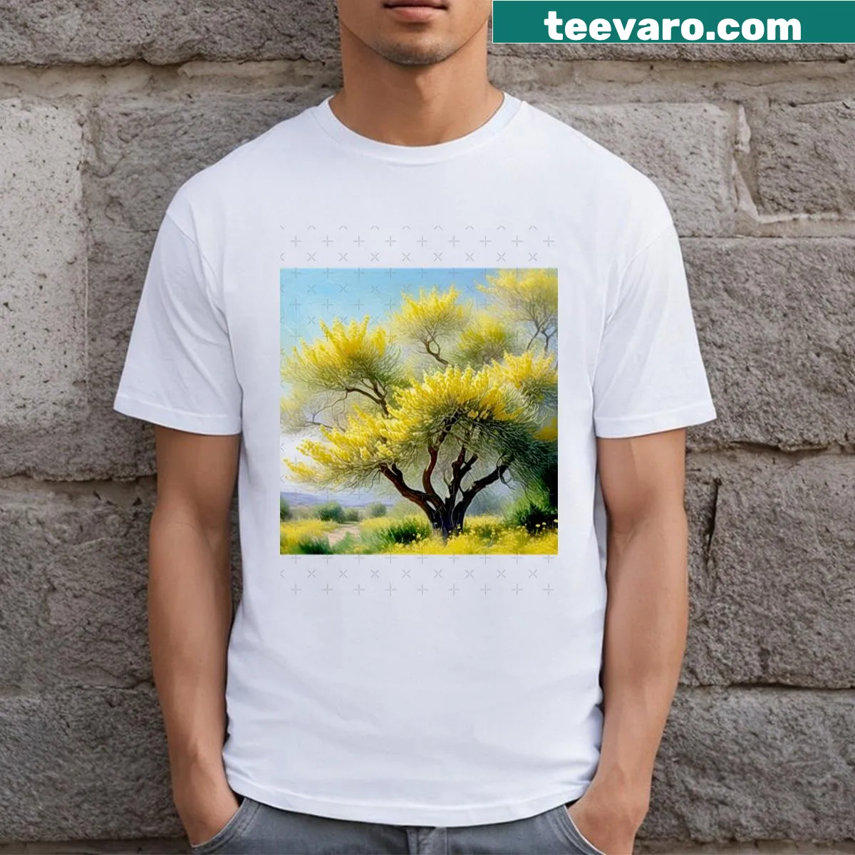 Nature-themed T-shirt featuring the Vachellia Farnesiana design — on a men's t-shirt