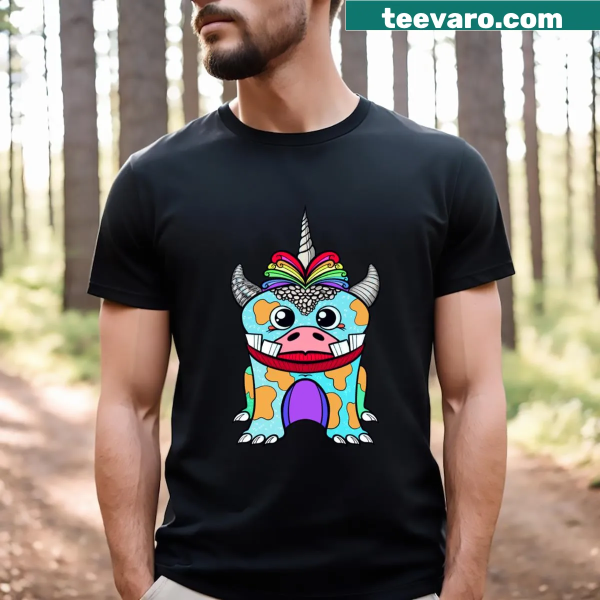 Cartoon Unibull monster T-shirt with a whimsical design — on a men's t-shirt
