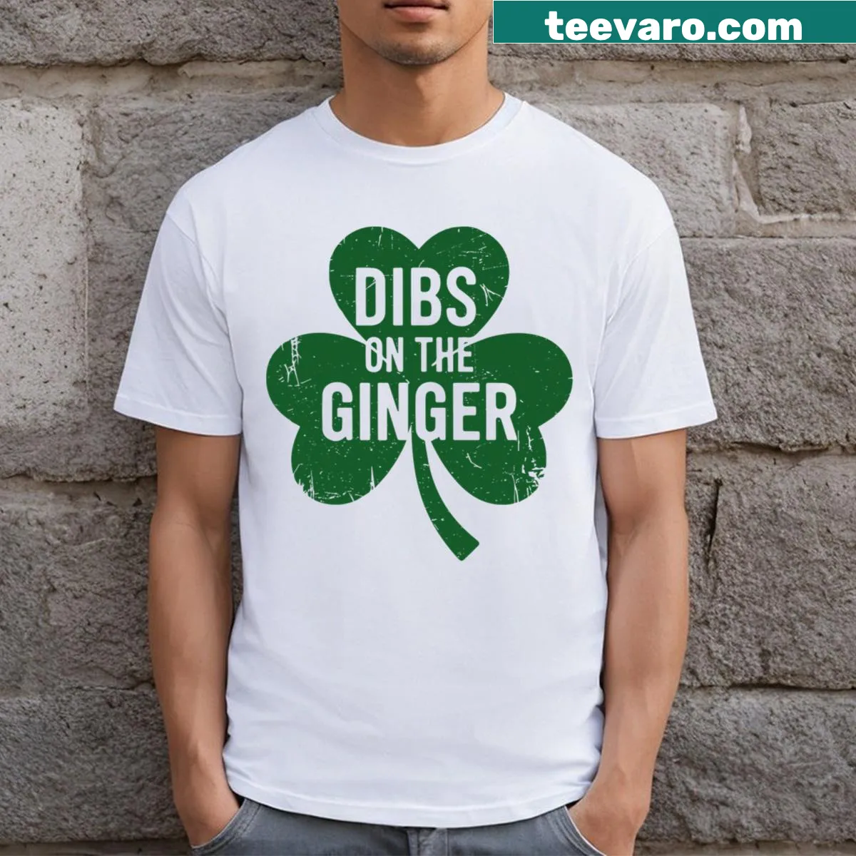 Humorous St. Patrick's Day t-shirt with 'Dibs On The Ginger' text — on a men's t-shirt