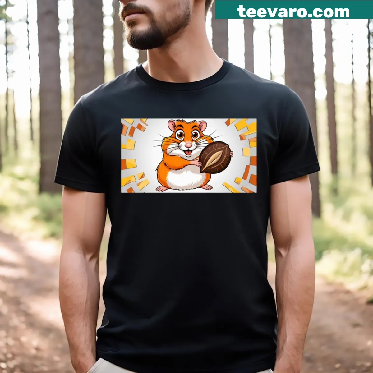 Cartoon hamster holding a giant seed graphic on T-shirt — on a men's t-shirt