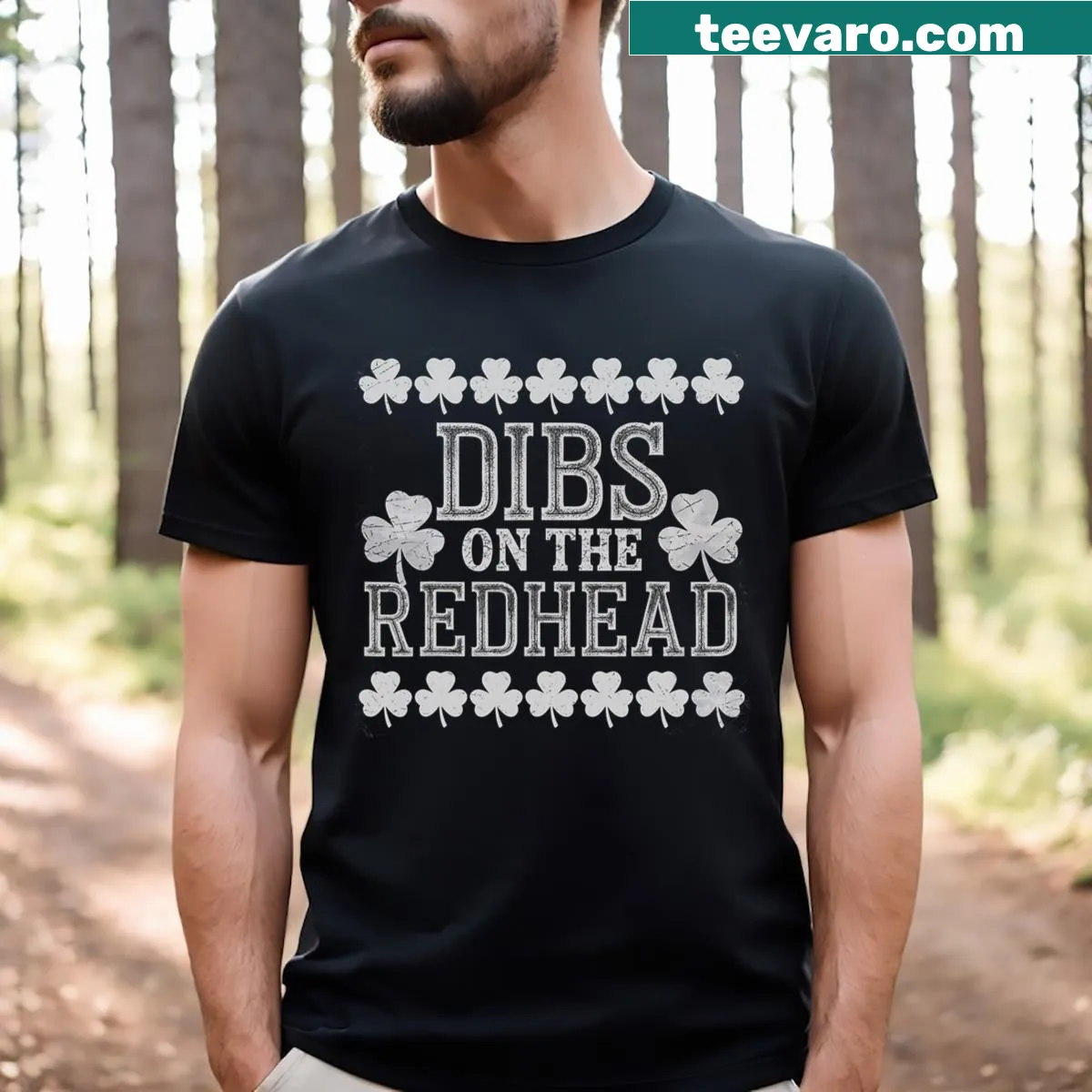 Funny St. Patrick's Day t-shirt with 'Dibs On The Redhead' and shamrocks — on a men's t-shirt