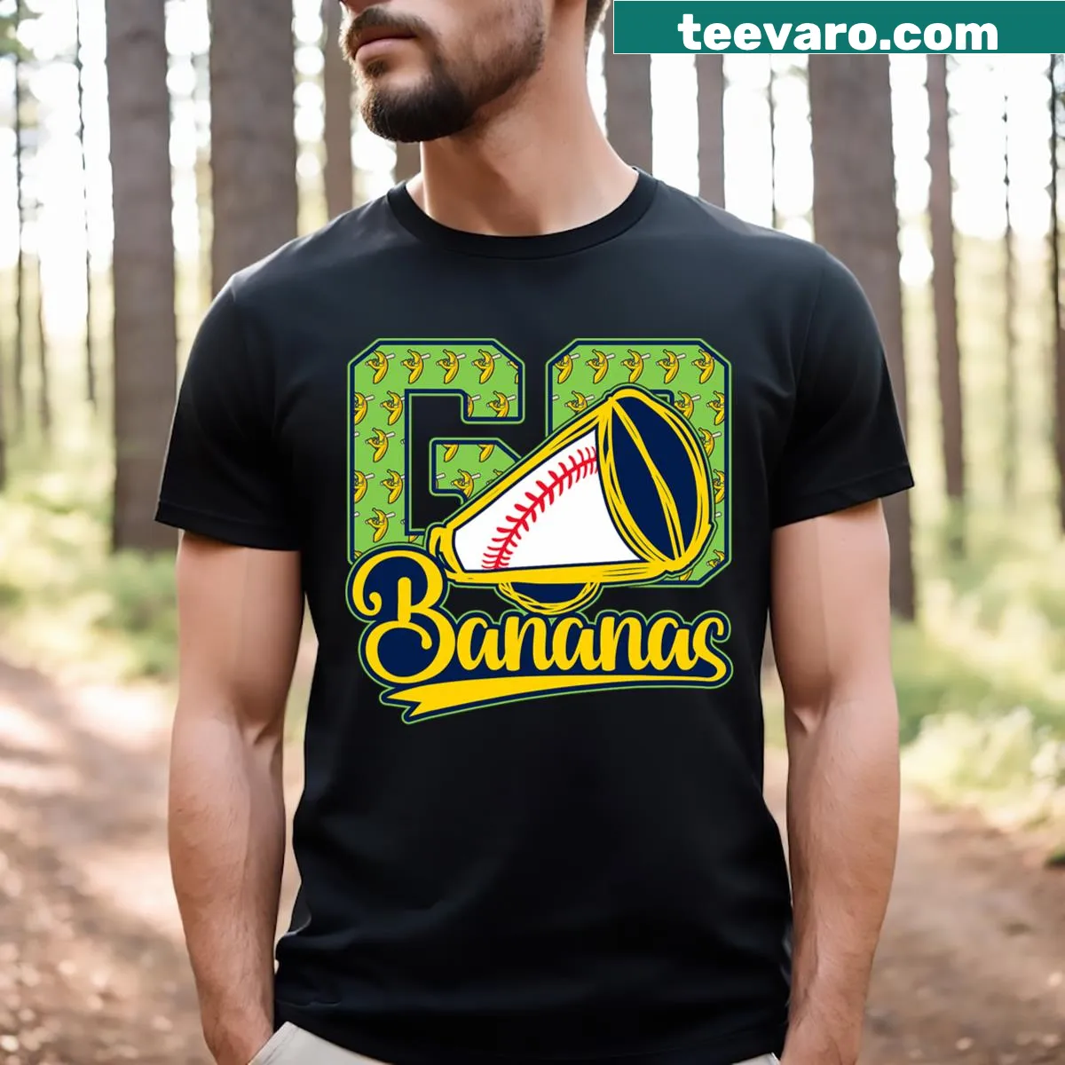 Graphic tee with playful monkeys and 'Let's Go Bananas' text — on a men's t-shirt
