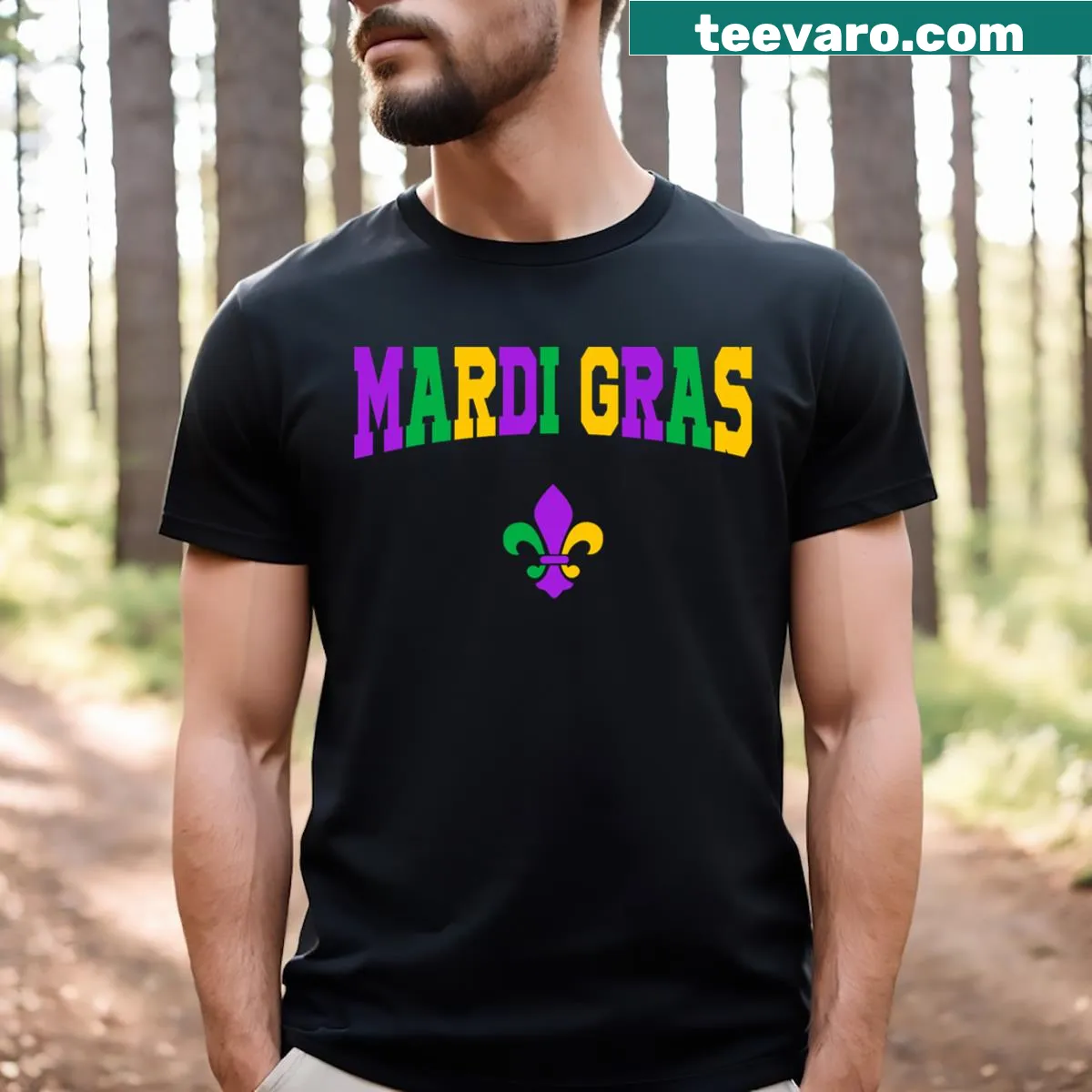 Mardi Gras themed t-shirt with festive graphics — on a men's t-shirt