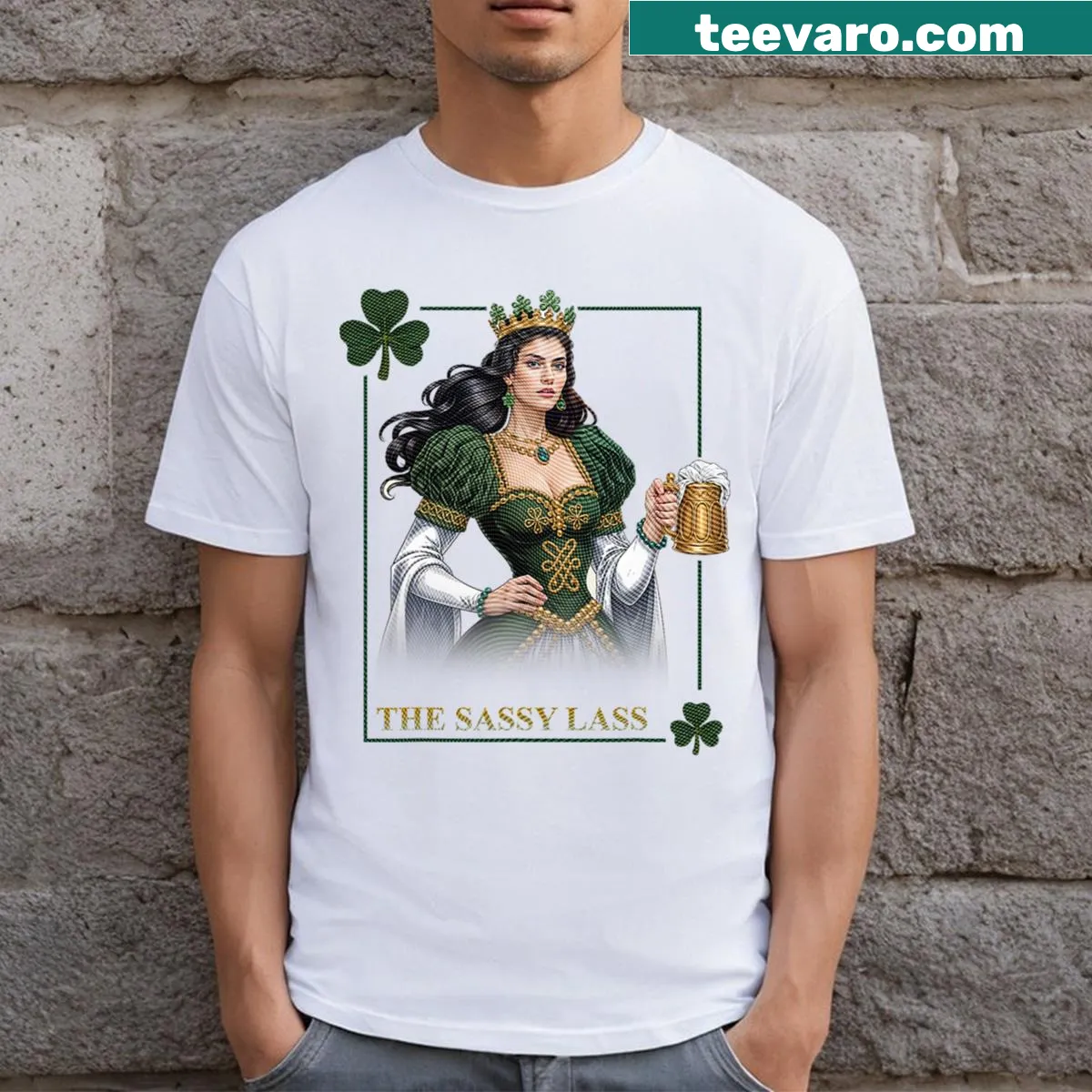 Playful 'Sassy Lass' tarot card design for St. Patrick's Day shirt — on a men's t-shirt