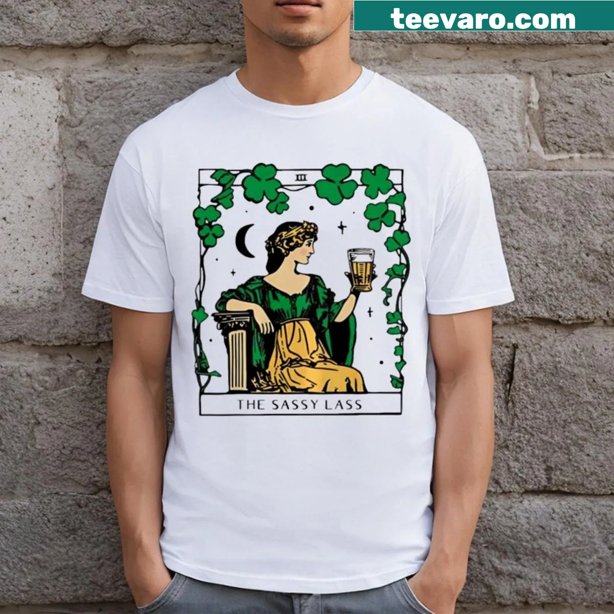 Playful Patrick's Day t-shirt featuring The Sassy Lass tarot card design — on a men's t-shirt