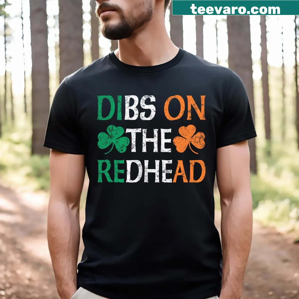 Witty 'Dibs On The Redhead' shamrock design for St. Patrick's Day — on a men's t-shirt