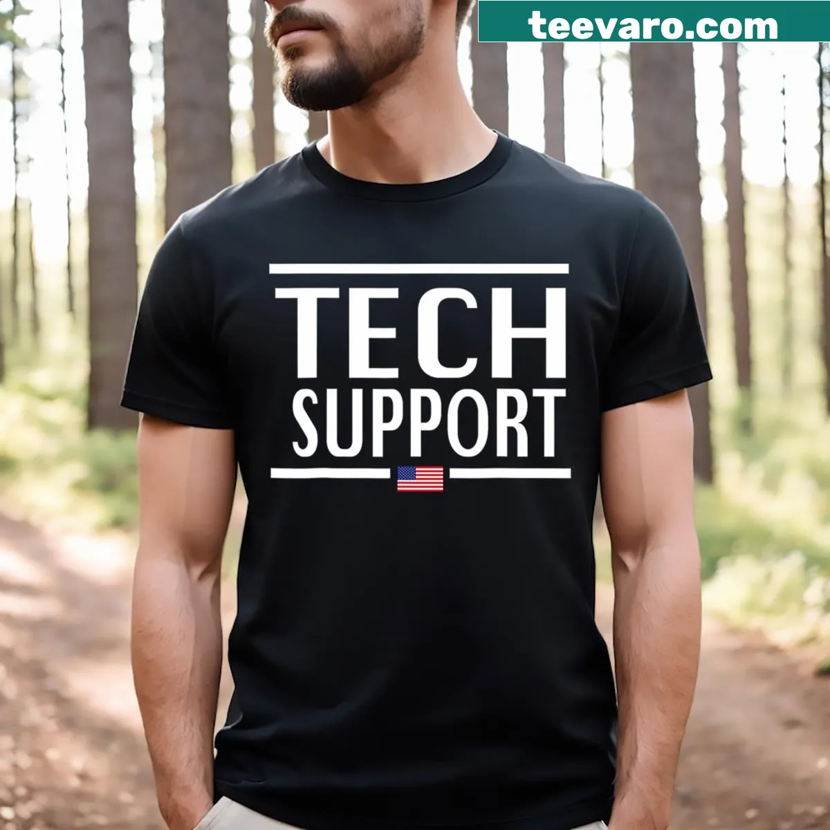 Tech support humorous design with American flag for men — on a men's t-shirt