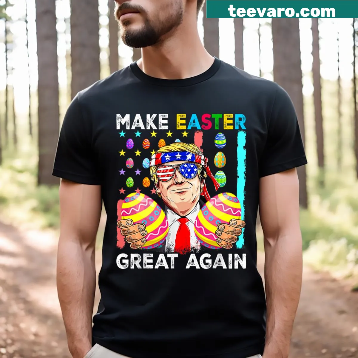 Easter t-shirt with funny Trump bunny design — on a men's t-shirt