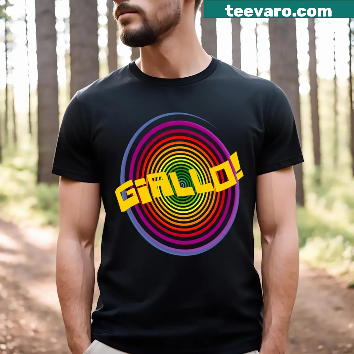 Typographic t-shirt with 'Giallo!' text design — on a men's t-shirt