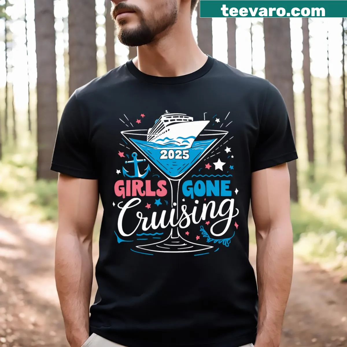 Playful travel-themed Girls Gone Cruising graphic T-shirt — on a men's t-shirt