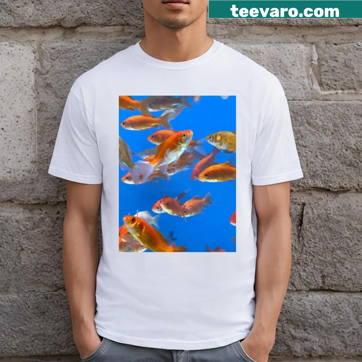 Illustration t-shirt featuring a whimsical goldfish — on a men's t-shirt