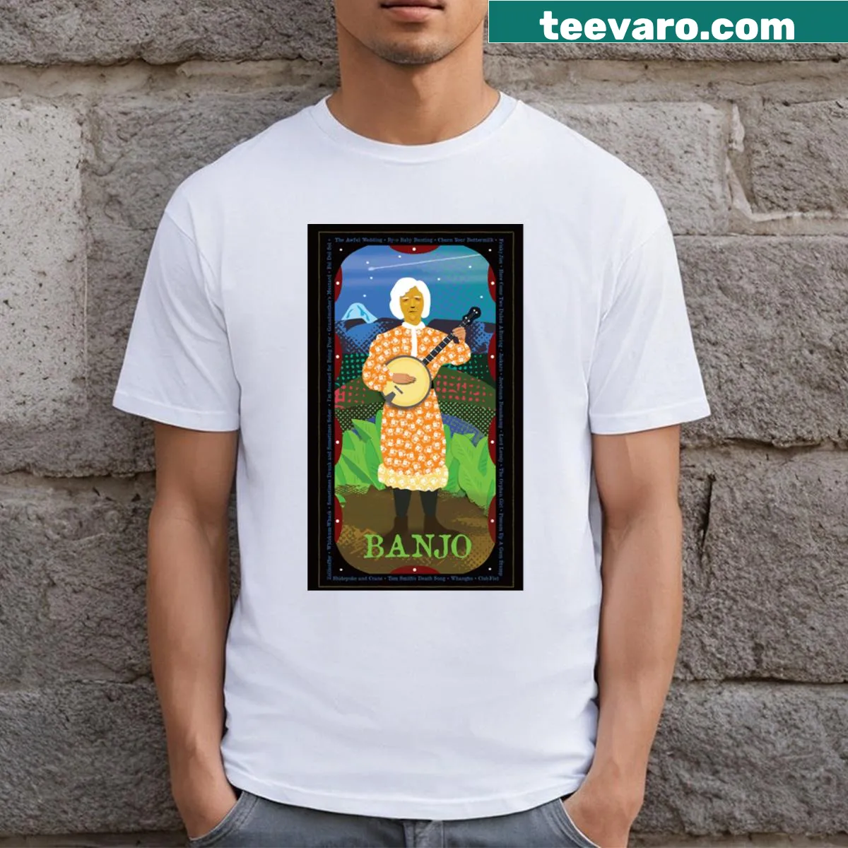 Vintage-style t-shirt featuring a banjo graphic — on a men's t-shirt