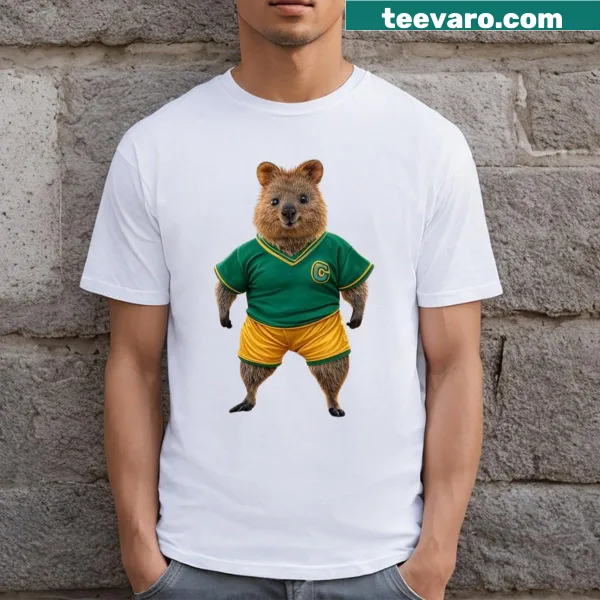 Playful quokka graphic t-shirt in green and gold