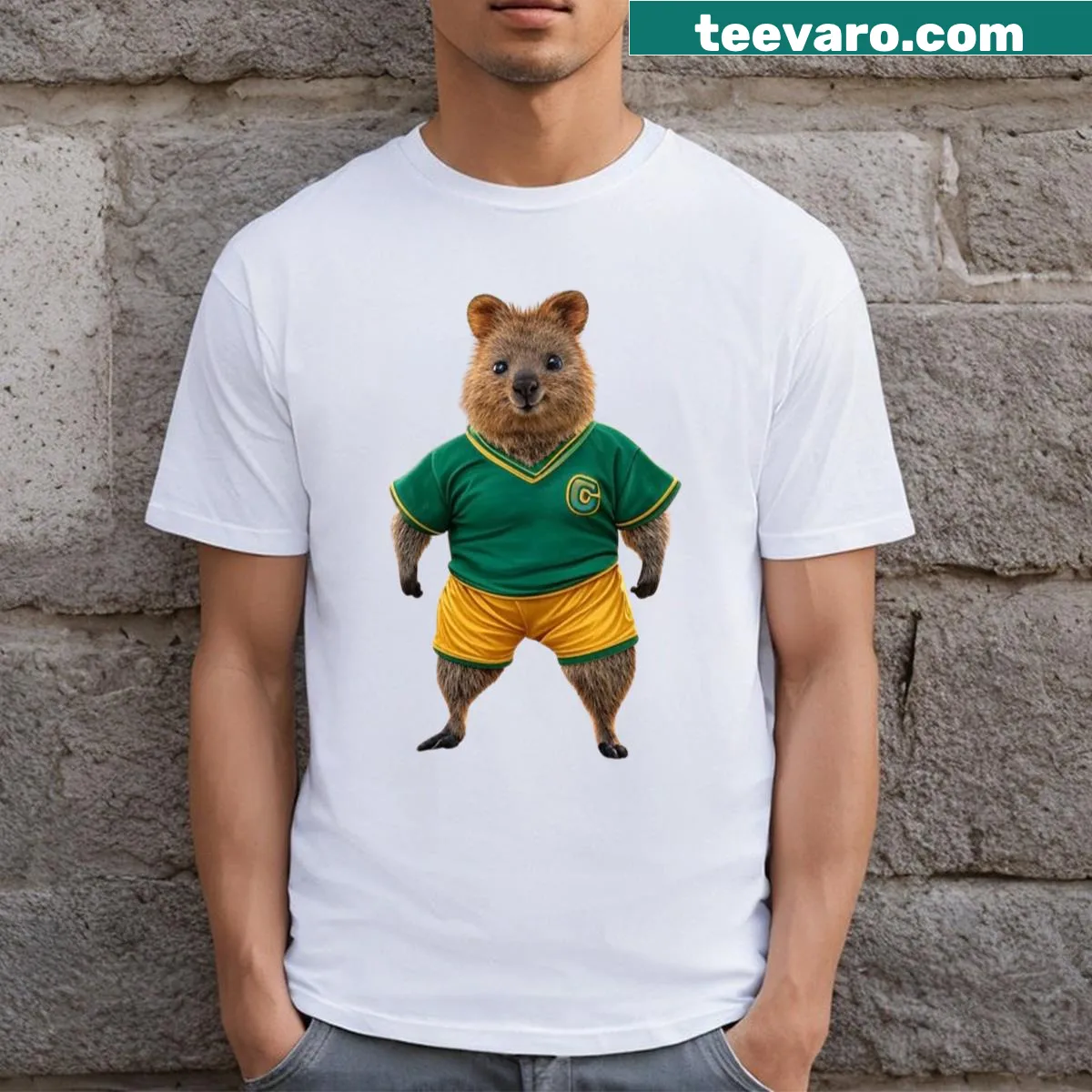 Playful quokka graphic t-shirt in green and gold — on a men's t-shirt