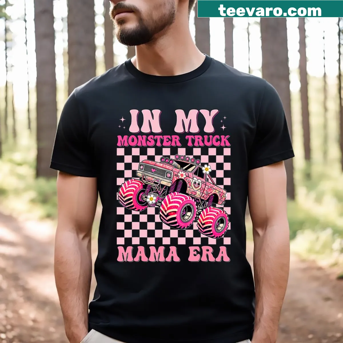 Cartoon monster truck graphic with 'In My Monster Truck Mama Era' text — on a men's t-shirt