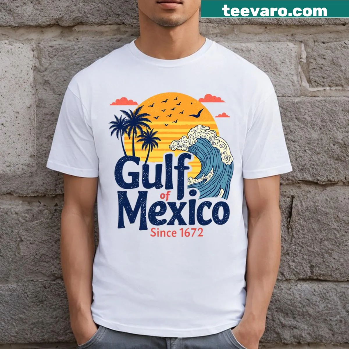 Vintage distressed t-shirt with 'Forever Gulf Of Mexico' text — on a men's t-shirt