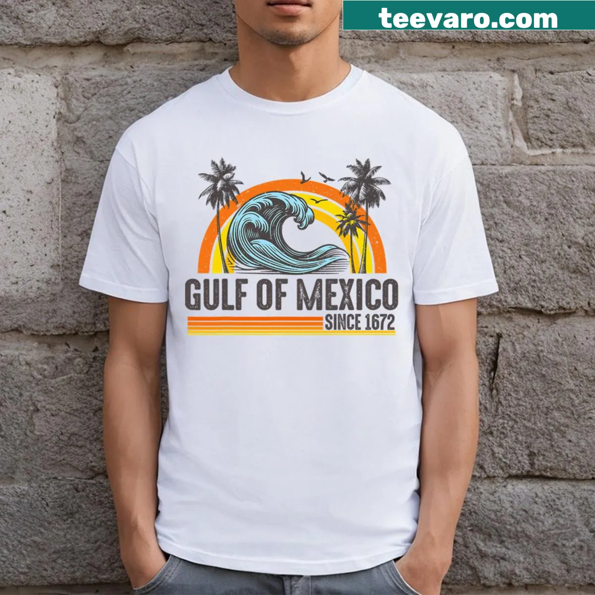 Vintage beach t-shirt featuring Gulf Of Mexico Since 1672 — on a men's t-shirt