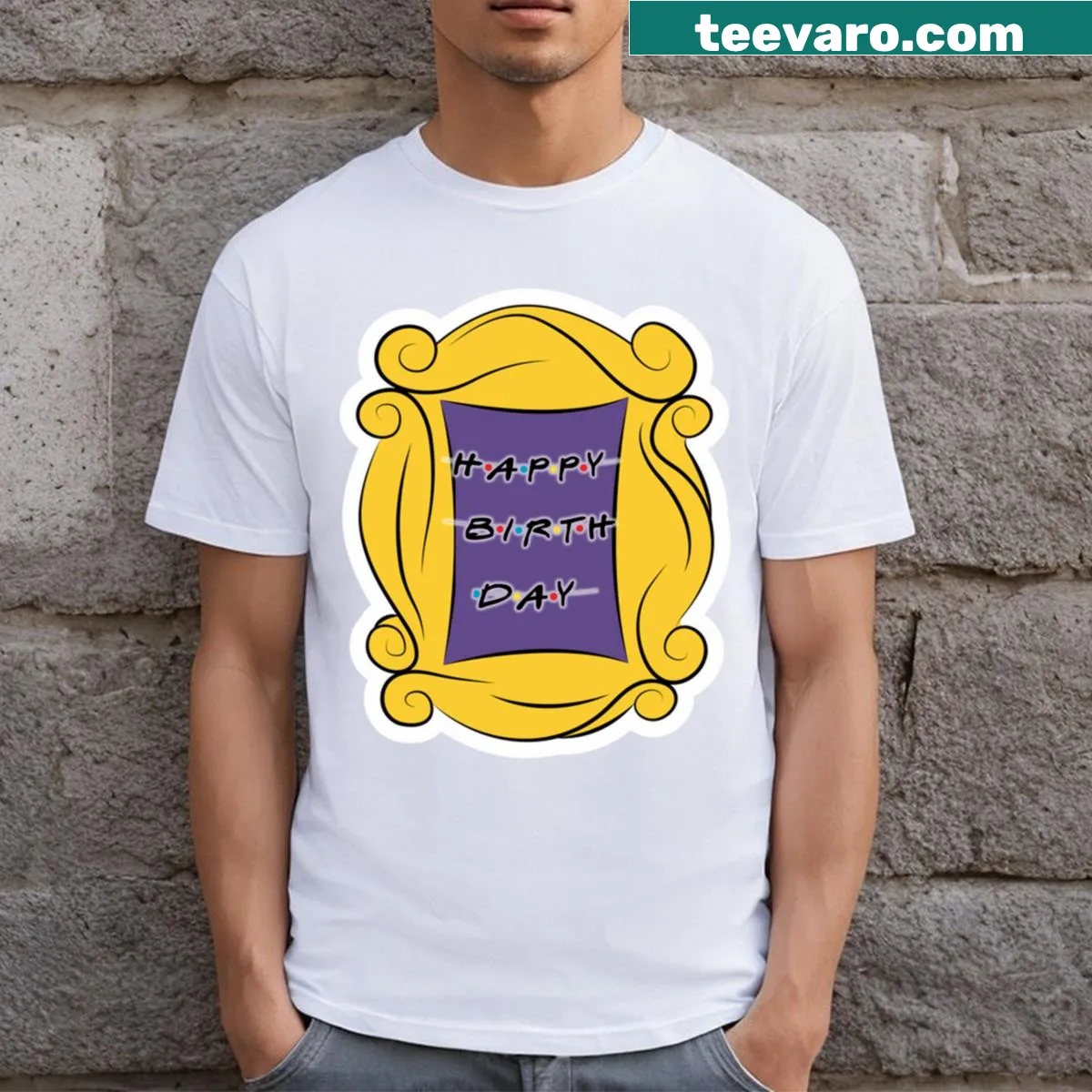 Cheerful birthday friends t-shirt celebrating friendship — on a men's t-shirt