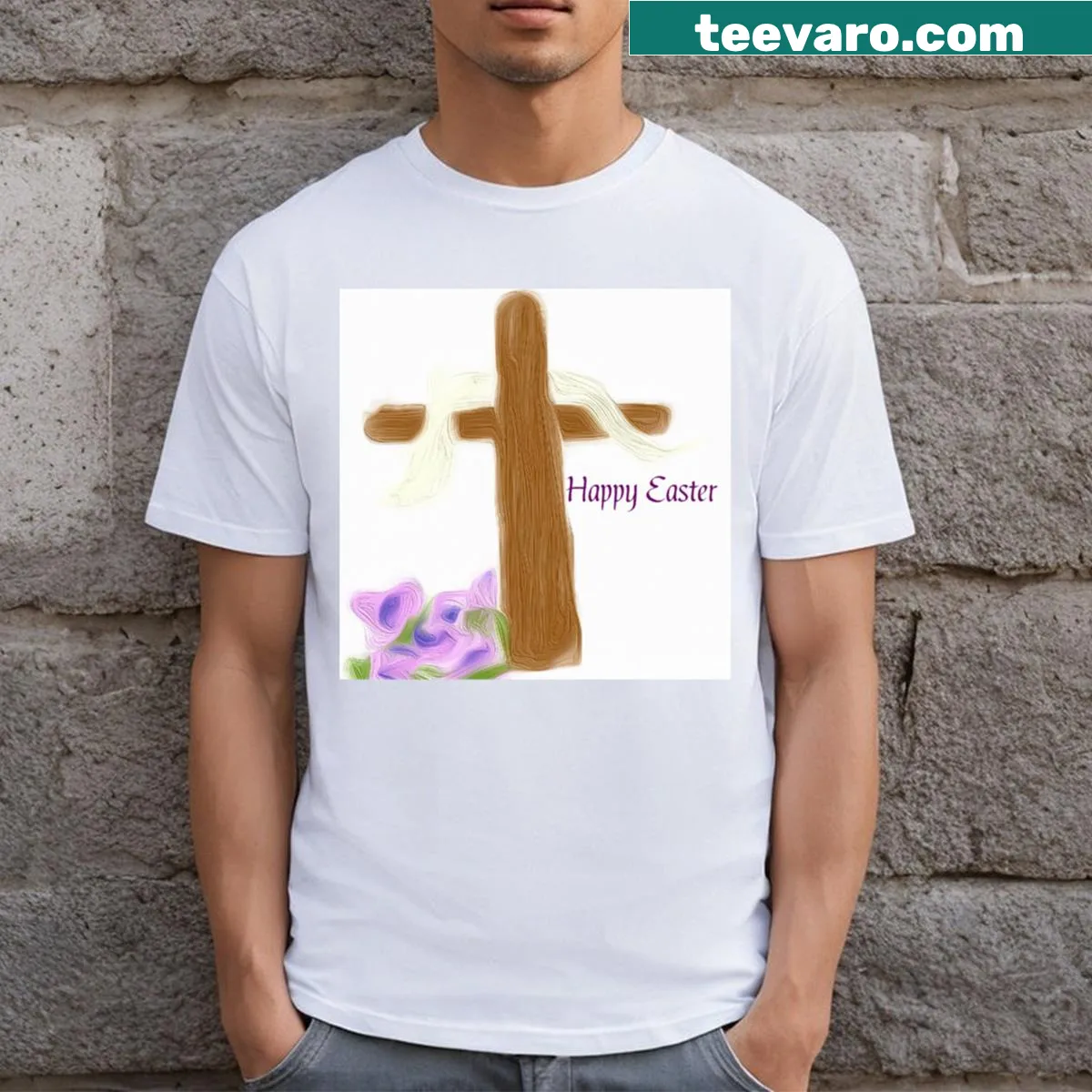 Charming Easter t-shirt with bunny and egg illustrations — on a men's t-shirt