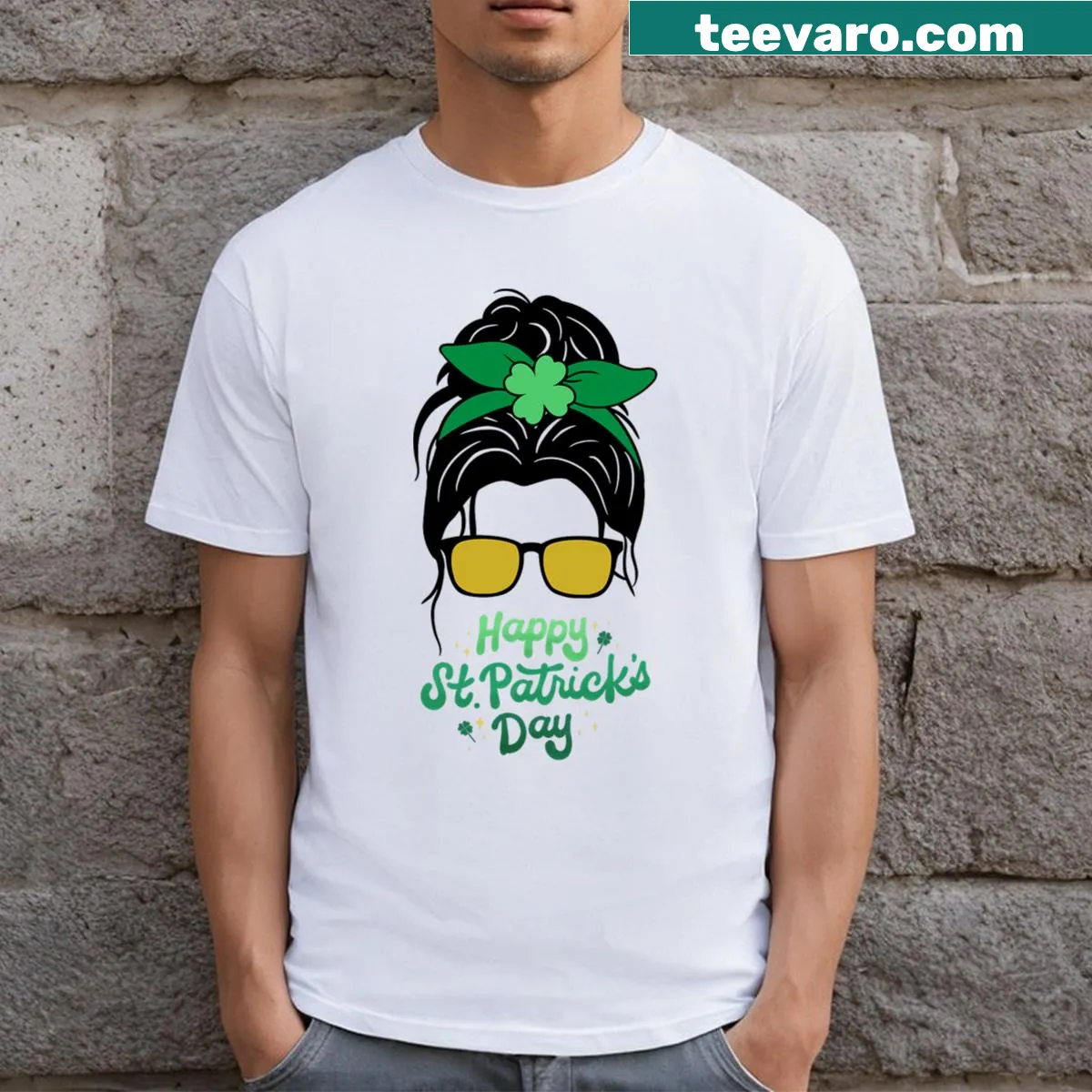 Kids St. Patrick's Day t-shirt with messy bun and shamrock design — on a men's t-shirt
