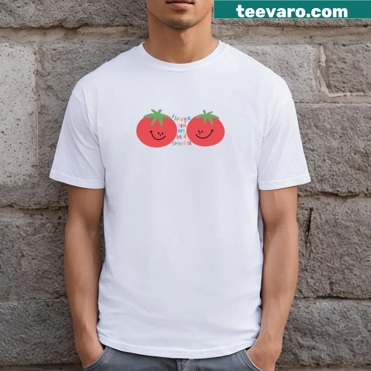 Funny T-shirt expressing love for tomatoes with playful text — on a men's t-shirt