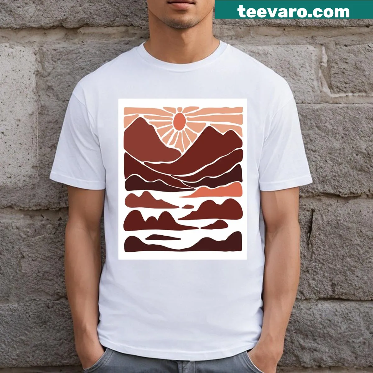 Illustration t-shirt featuring a Hawaiian sunset scene with palm trees — on a men's t-shirt
