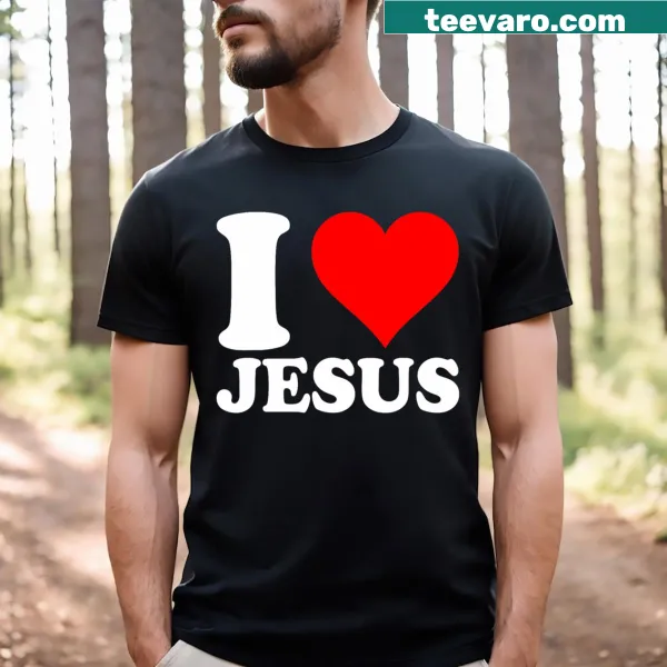 T-shirt featuring a red heart and 'I Love Jesus' text