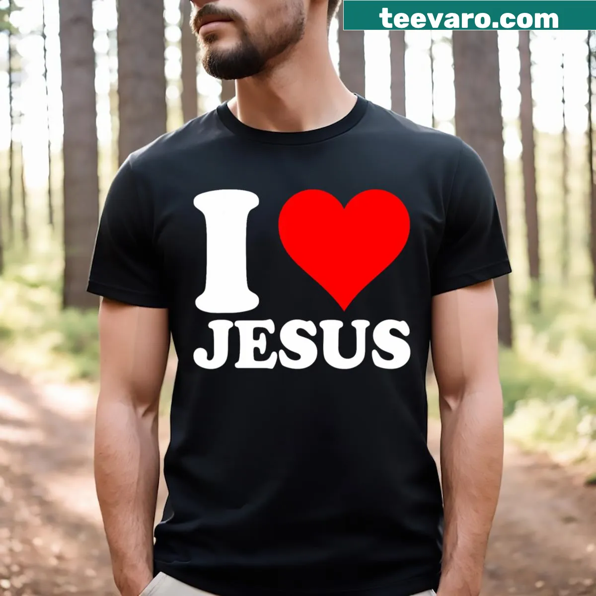 T-shirt featuring a red heart and 'I Love Jesus' text — on a men's t-shirt