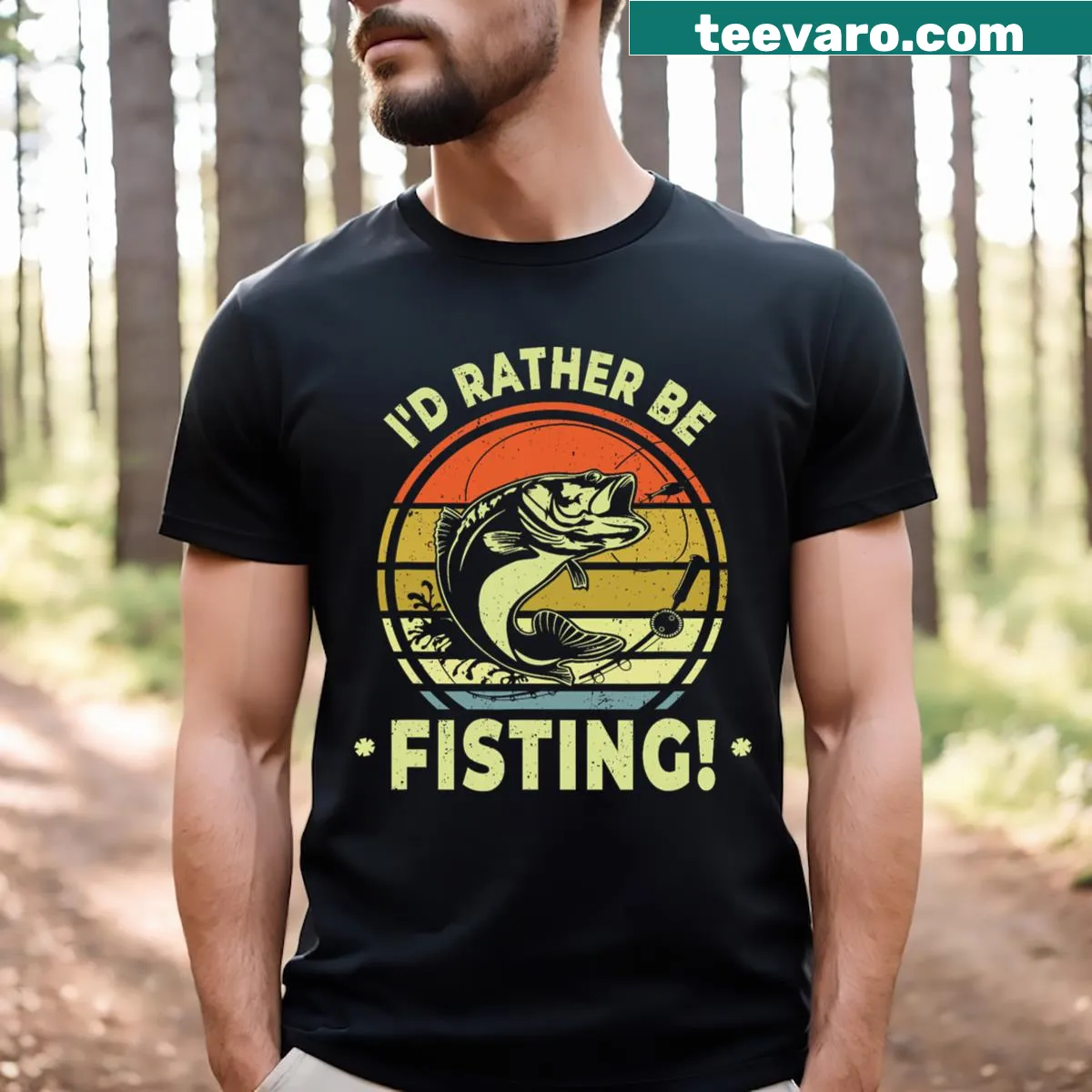 Whimsical fishing-themed T-shirt with humorous graphics — on a men's t-shirt