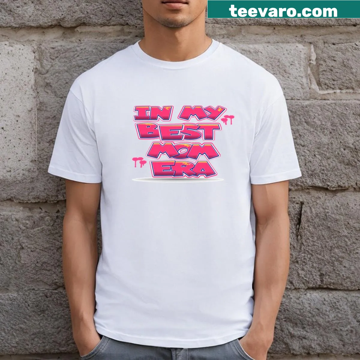T-shirt celebrating motherhood with 'Best Mom Era' text — on a men's t-shirt