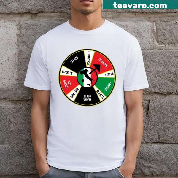 T-shirt featuring a whimsical Italian food game board graphic