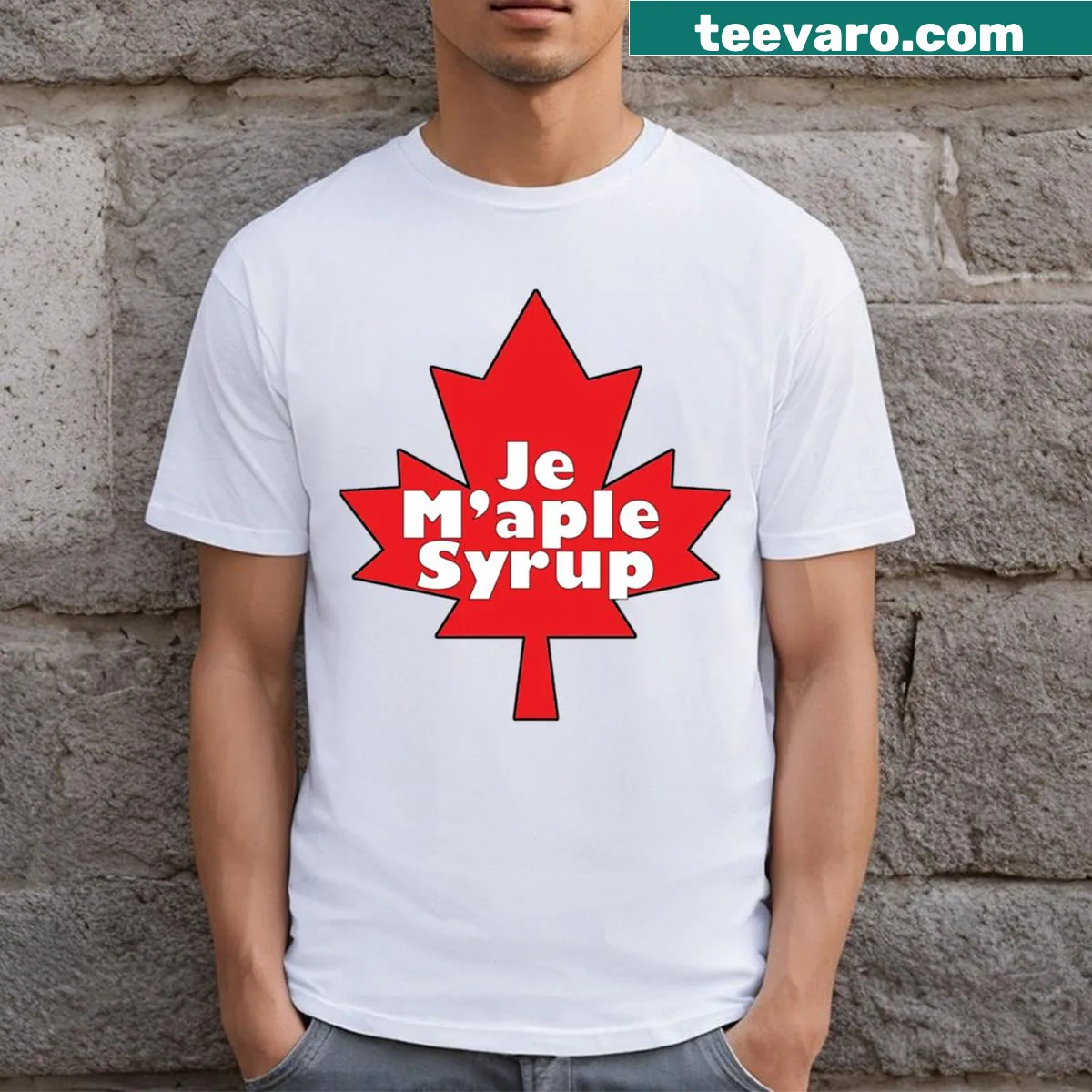 Hand-lettered T-shirt featuring 'Je M'aple Syrup' text — on a men's t-shirt