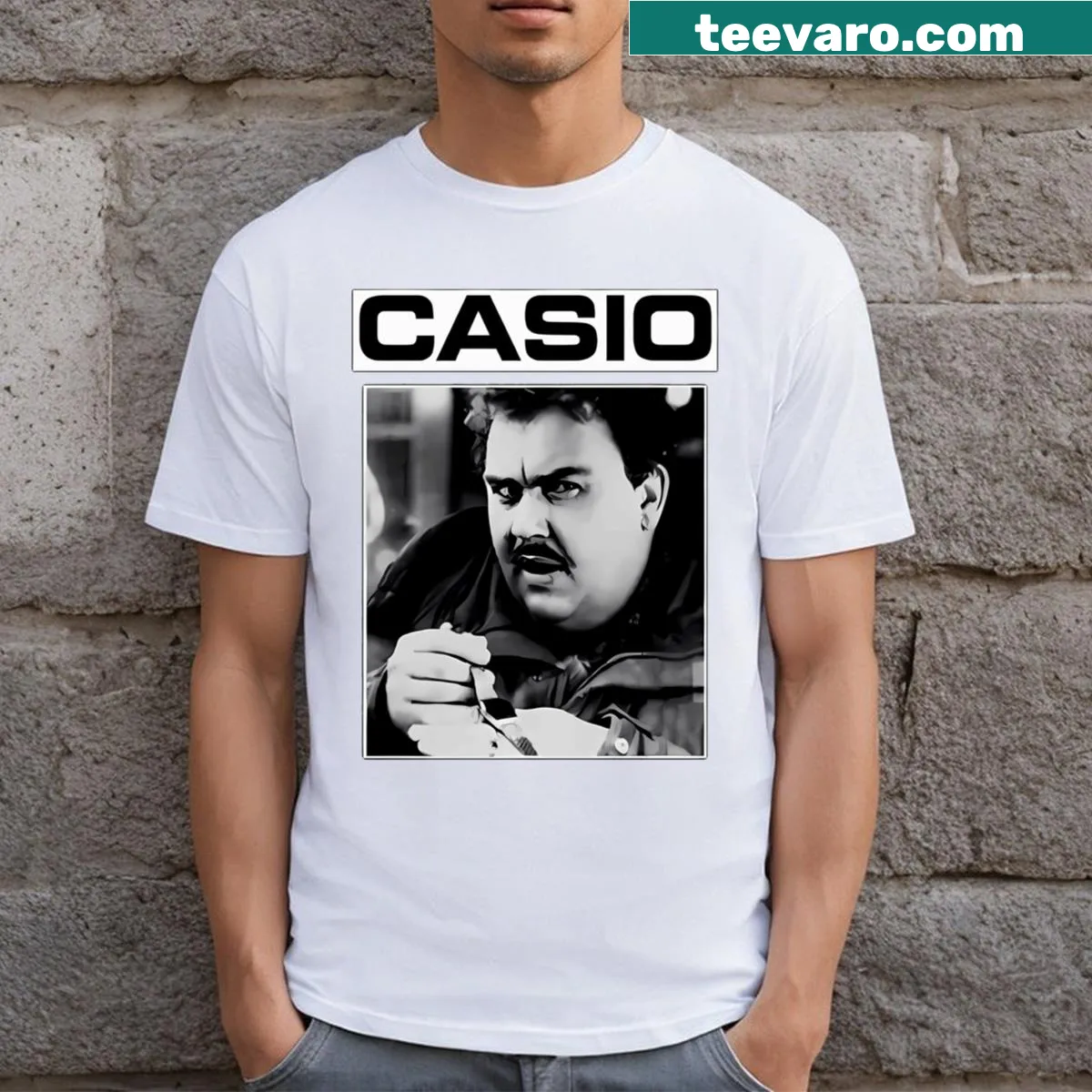 T-shirt celebrating John Candy with a playful design — on a men's t-shirt