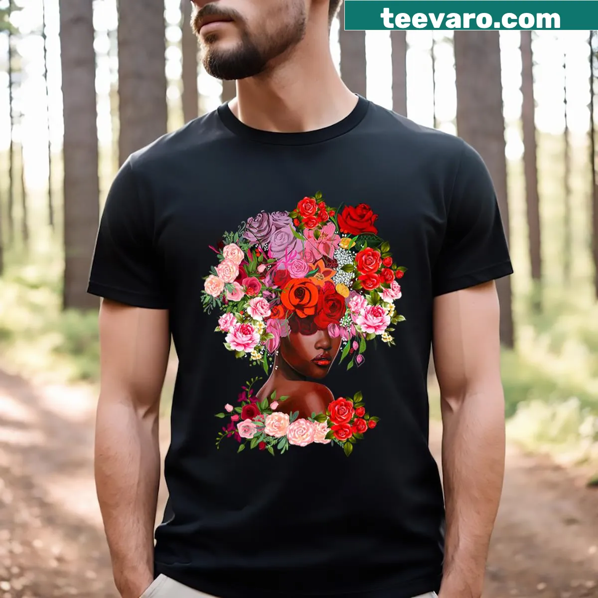 Proud T-shirt celebrating Juneteenth with a floral design — on a men's t-shirt