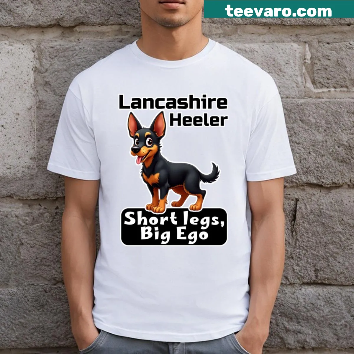 Funny Lancashire Heeler T-shirt featuring a dog with shorts — on a men's t-shirt