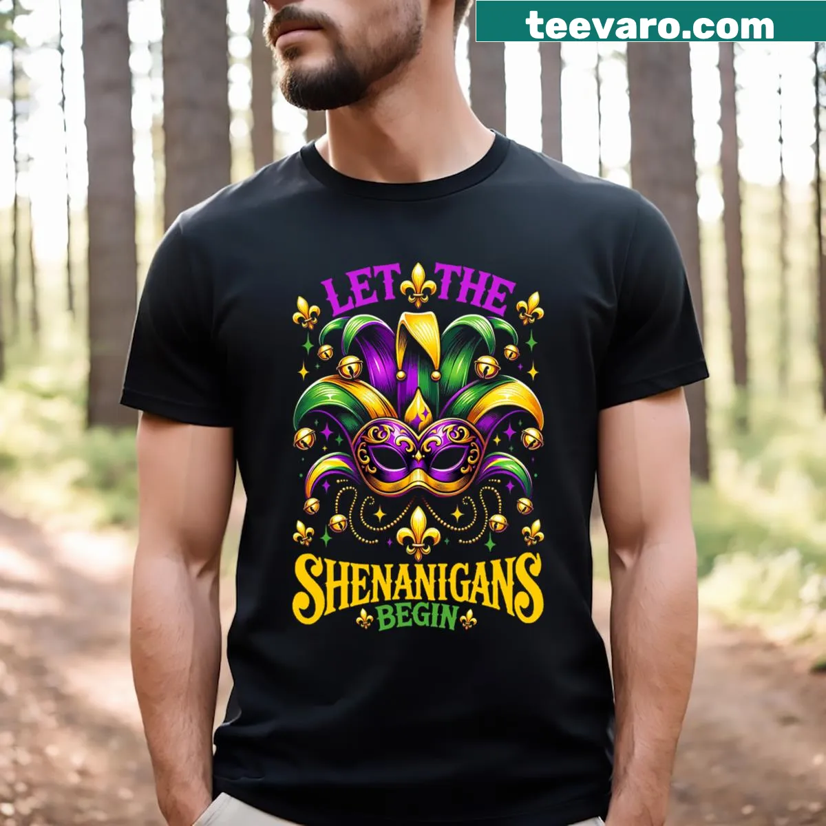 Mardi Gras themed T-shirt with playful graphics — on a men's t-shirt