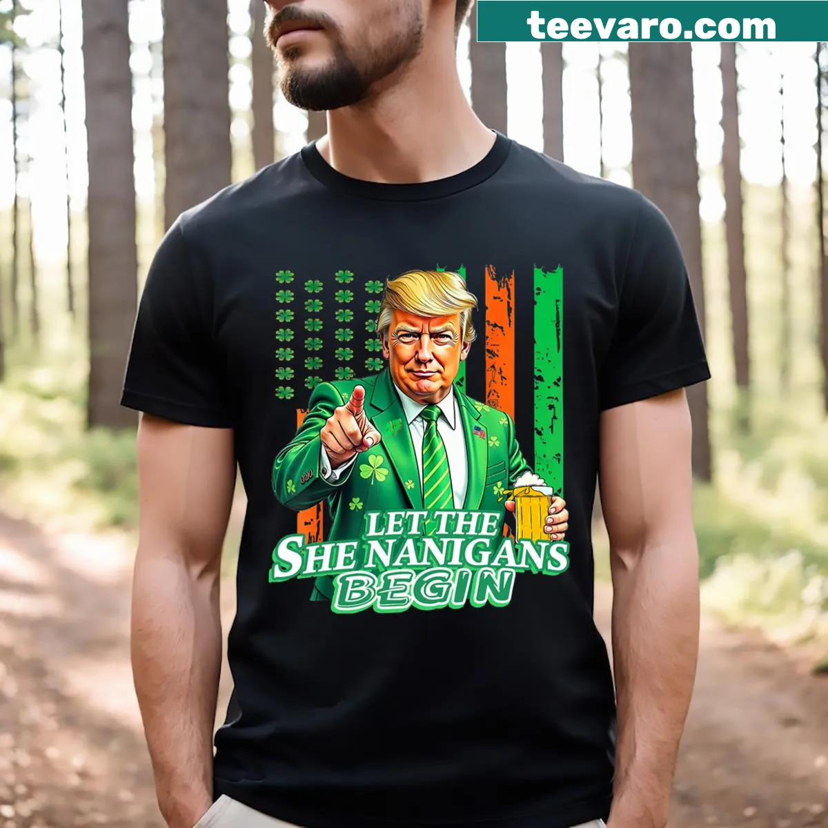 St. Patrick's Day t-shirt with 'Let The Shenanigans Begin' text — on a men's t-shirt