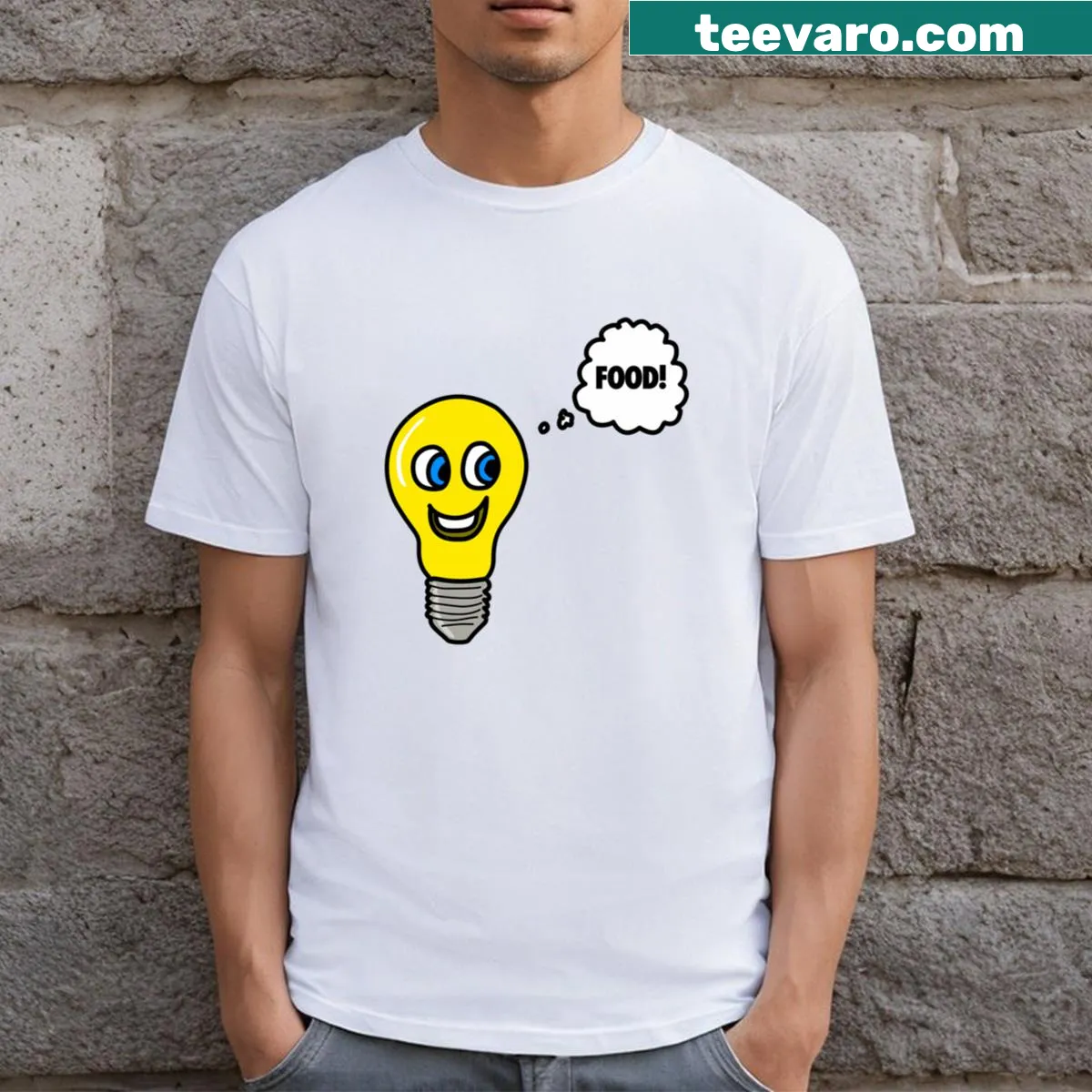 Playful t-shirt with a lightbulb and food idea illustration — on a men's t-shirt