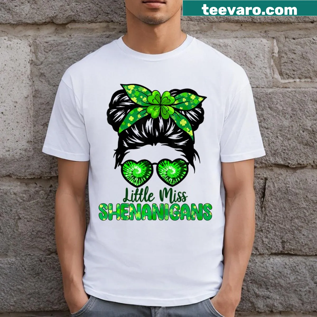 T-shirt featuring Little Miss character for St. Patrick's Day — on a men's t-shirt
