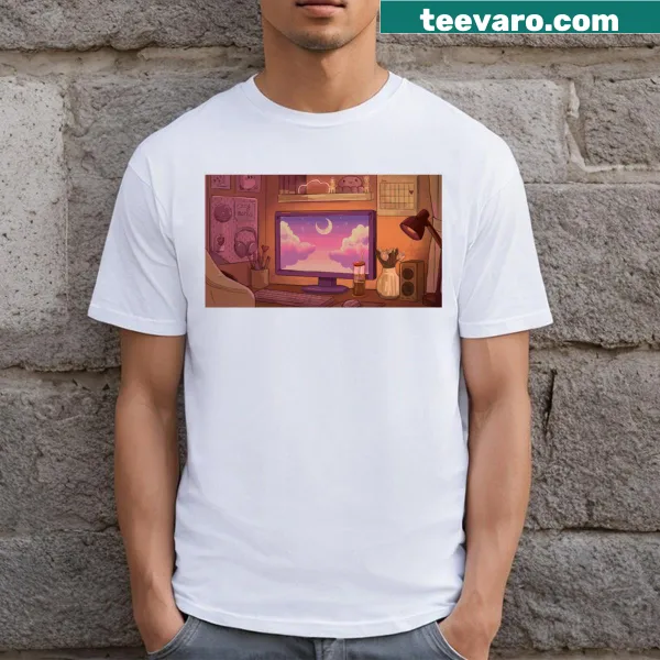 Minimalist lofi bedroom themed t-shirt with calming graphic