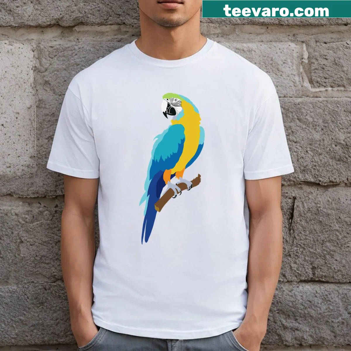 Illustration of a colorful macaw parrot on a t-shirt — on a men's t-shirt