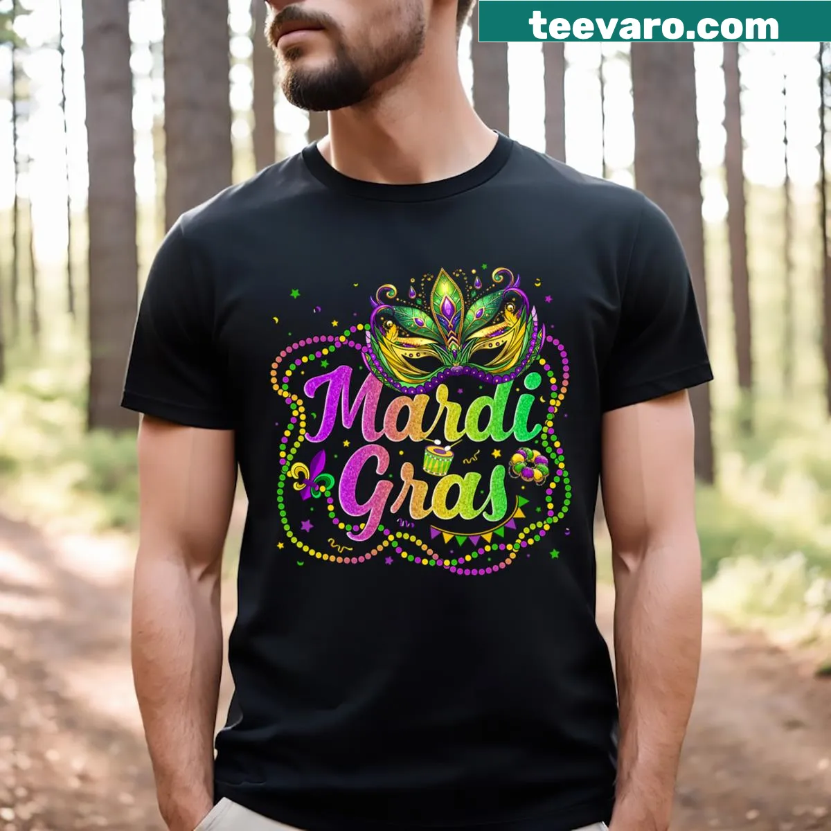 Mardi Gras t-shirt with beads, mask, and feather graphic — on a men's t-shirt