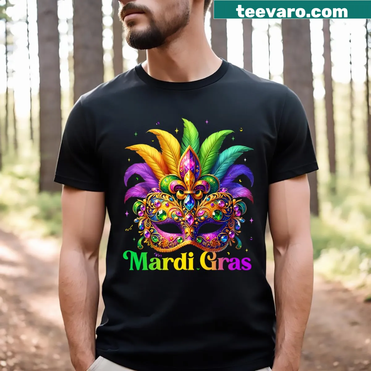 Mardi Gras T-shirt for girls with mask and feather design — on a men's t-shirt