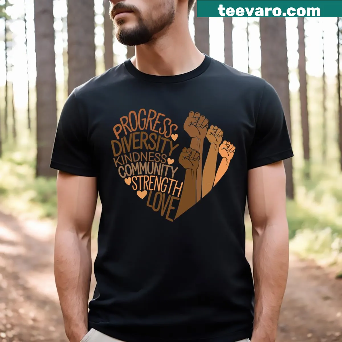 Graphic T-shirt featuring raised fists representing diversity and equity — on a men's t-shirt