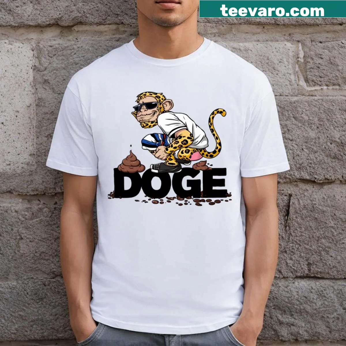 Whimsical illustration of leopard dissing Doge on T-shirt — on a men's t-shirt