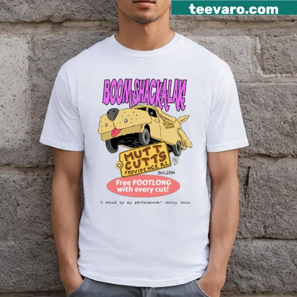 Cartoon dog with messy fur on Mutt Cuts t-shirt